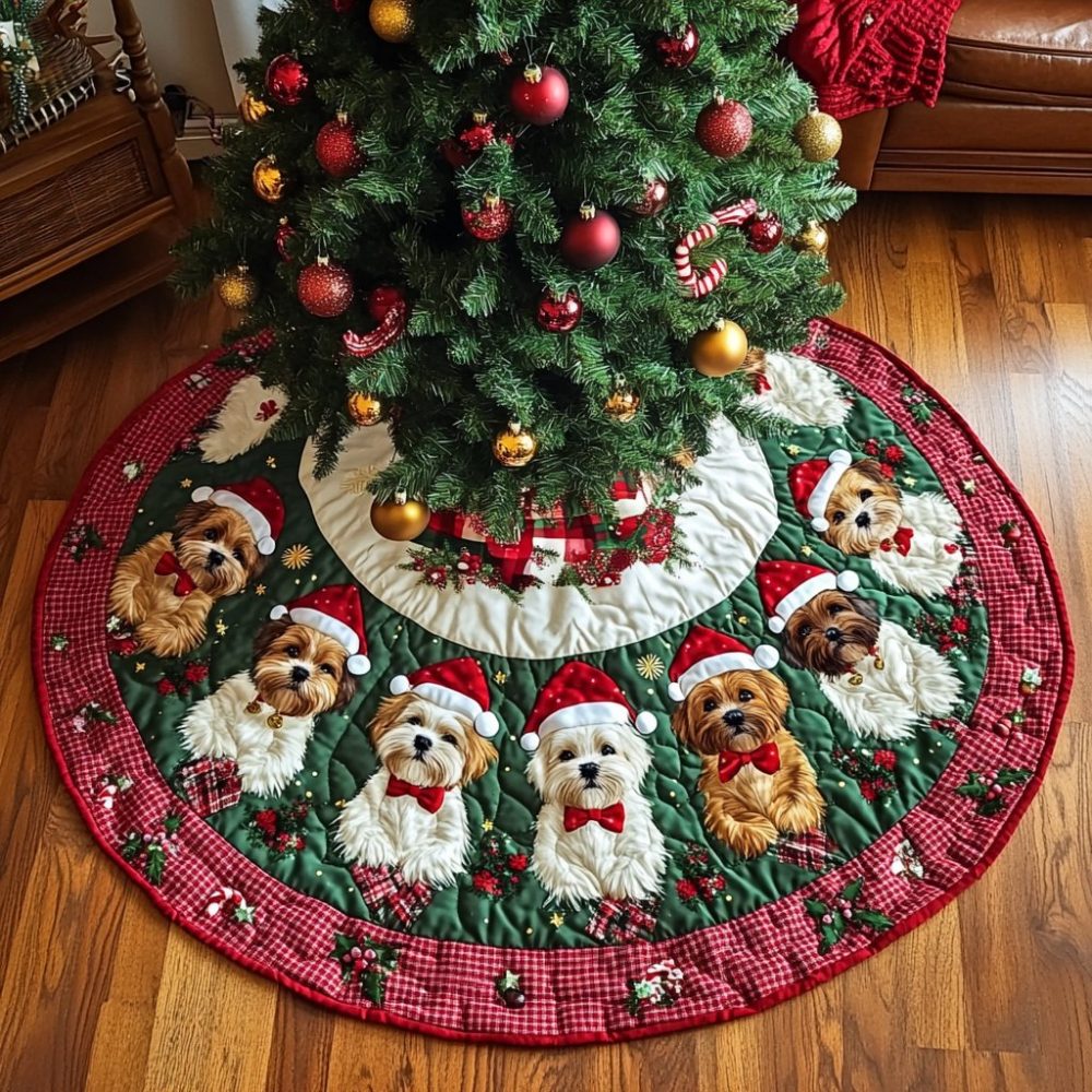 Custom Shih Tzus In Santa Hats Green Tree Skirt — Handmade Festive Christmas Tree Skirt For Dog Lovers — Free Personalization & Fast Shipping