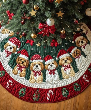 Custom Shih Tzus In Hats Patch Ring Holiday Tree Skirt — Handmade Christmas Tree Skirt For Dog Lovers — Free Personalization & Fast Shipping