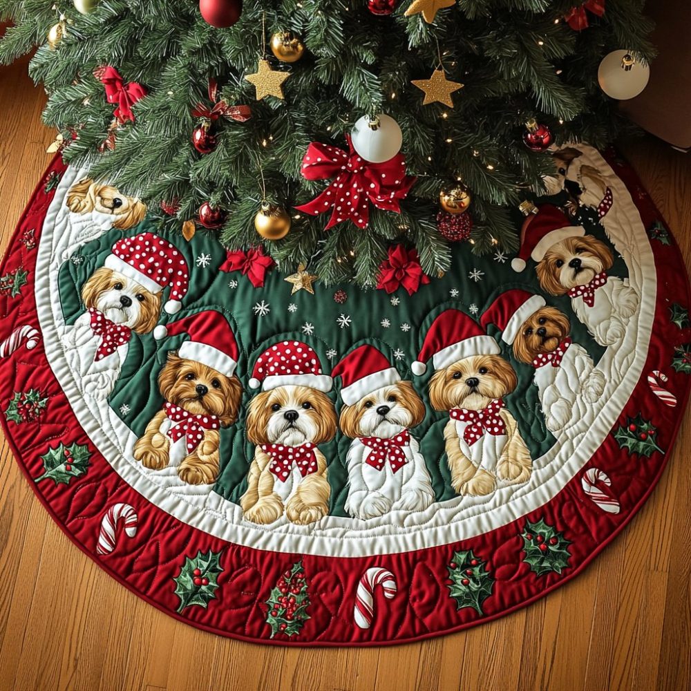 Custom Shih Tzus In Hats Patch Ring Holiday Tree Skirt — Handmade Christmas Tree Skirt For Dog Lovers — Free Personalization & Fast Shipping