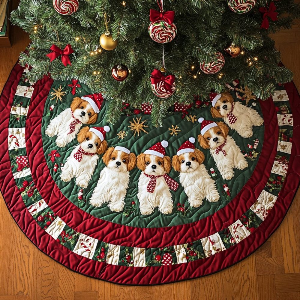 Custom Shih Tzus In Scarves Red Hem Tree Skirt — Handmade Festive Christmas Tree Skirt For Dog Lovers — Free Personalization & Fast Shipping