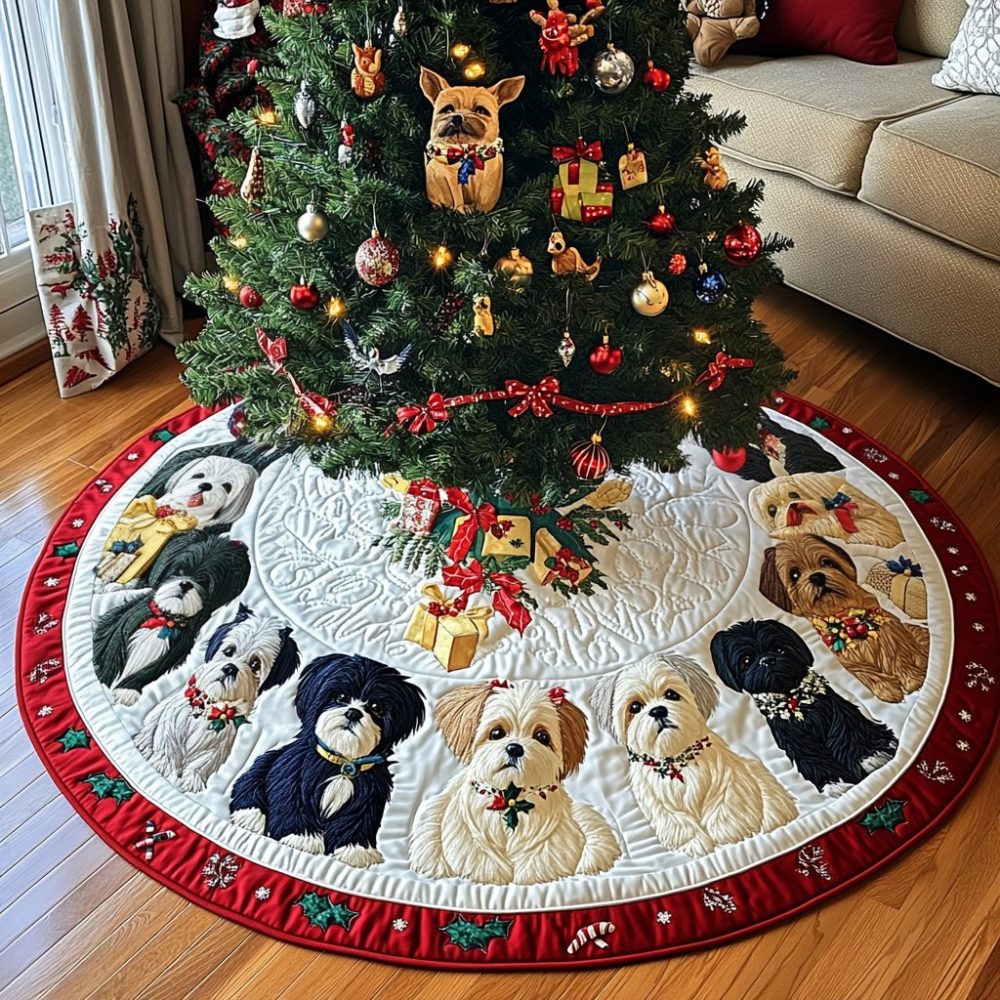 Custom Shih Tzus With Gifts Ivory Tree Skirt — Handmade Elegant Christmas Tree Skirt For Dog Lovers — Free Personalization & Fast Shipping