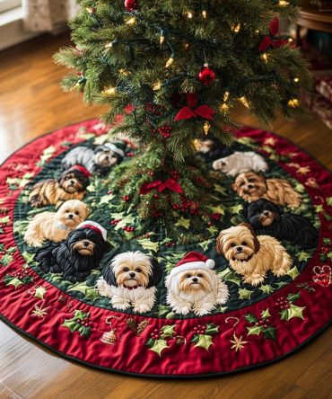 Personalized Shih Tzu Joy Holiday Tree Skirt — Handmade Christmas Tree Skirt For Dog Lovers — Free Personalization & Fast Shipping