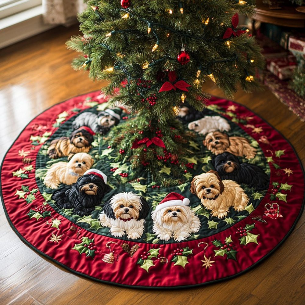 Personalized Shih Tzu Joy Holiday Tree Skirt — Handmade Christmas Tree Skirt For Dog Lovers — Free Personalization & Fast Shipping