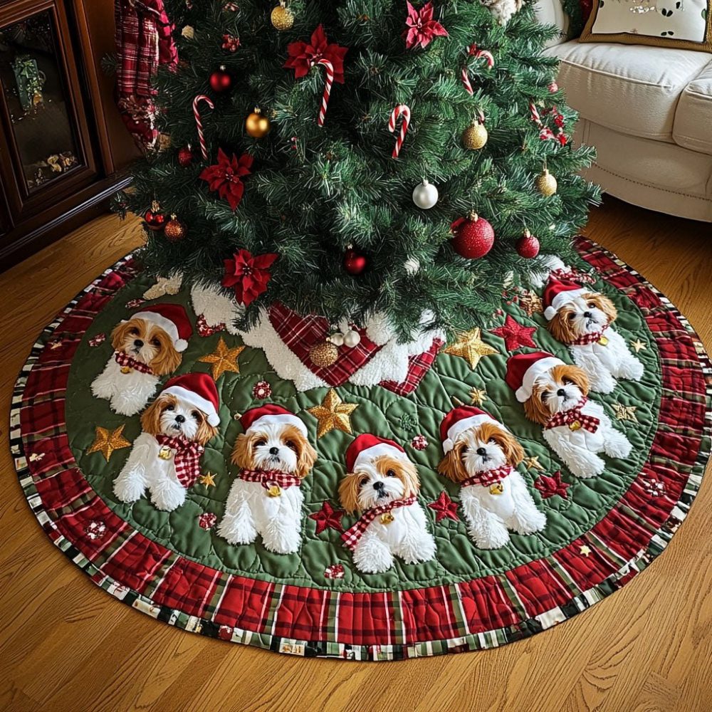 Custom Shih Tzus In Holiday Hats Plaid Ring Tree Skirt — Handmade Christmas Tree Skirt For Dog Lovers — Free Personalization & Fast Shipping