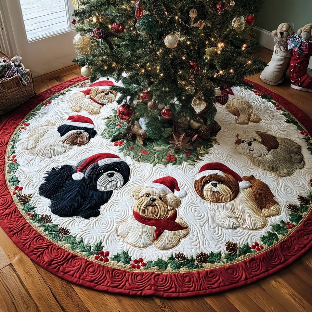 Shih Tzus In Hats On The Berry Hem Custom Skirt — Whimsical Shih Tzu Hat Motif With Berry Trim, Handmade Holiday Tree Skirt