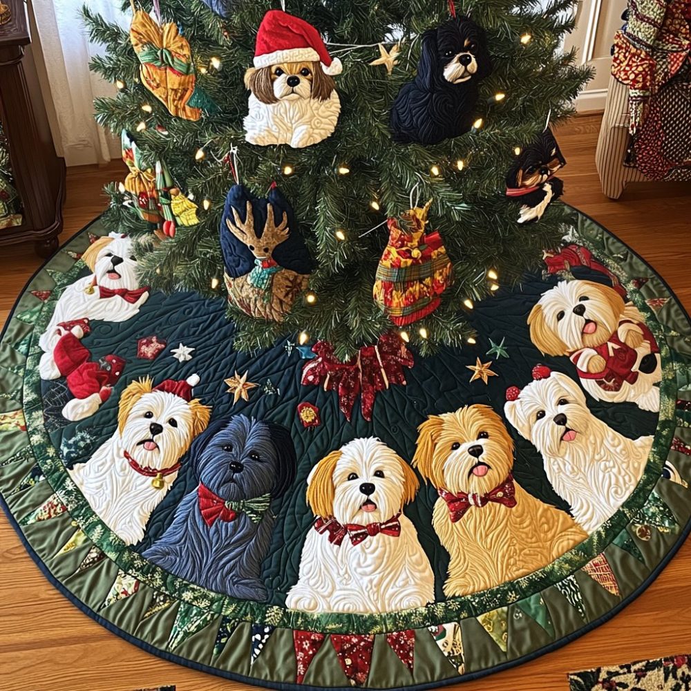 Shih Tzu Sleigh Bells Festive Skirt — Jolly Shih Tzu Bell Motif On Custom Holiday Tree Skirt, Handmade & Gift-Ready