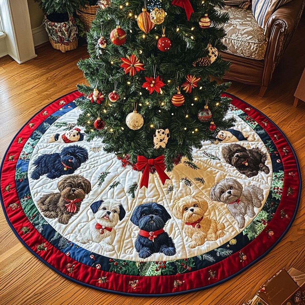 Shih Tzu Sleigh Ride Holiday Tree Skirt — Festive Canine Sleigh Design, Custom-Made Skirt For Christmas Tree Display & Gifts