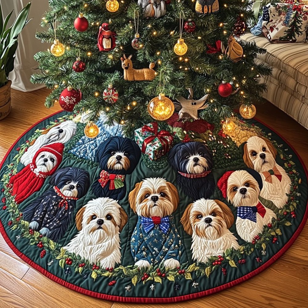 Shih Tzu & Santa Paws Holiday Tree Skirt — Custom Cute Dog Christmas Skirt With Santa Hat Design, Handmade For Pet Fans