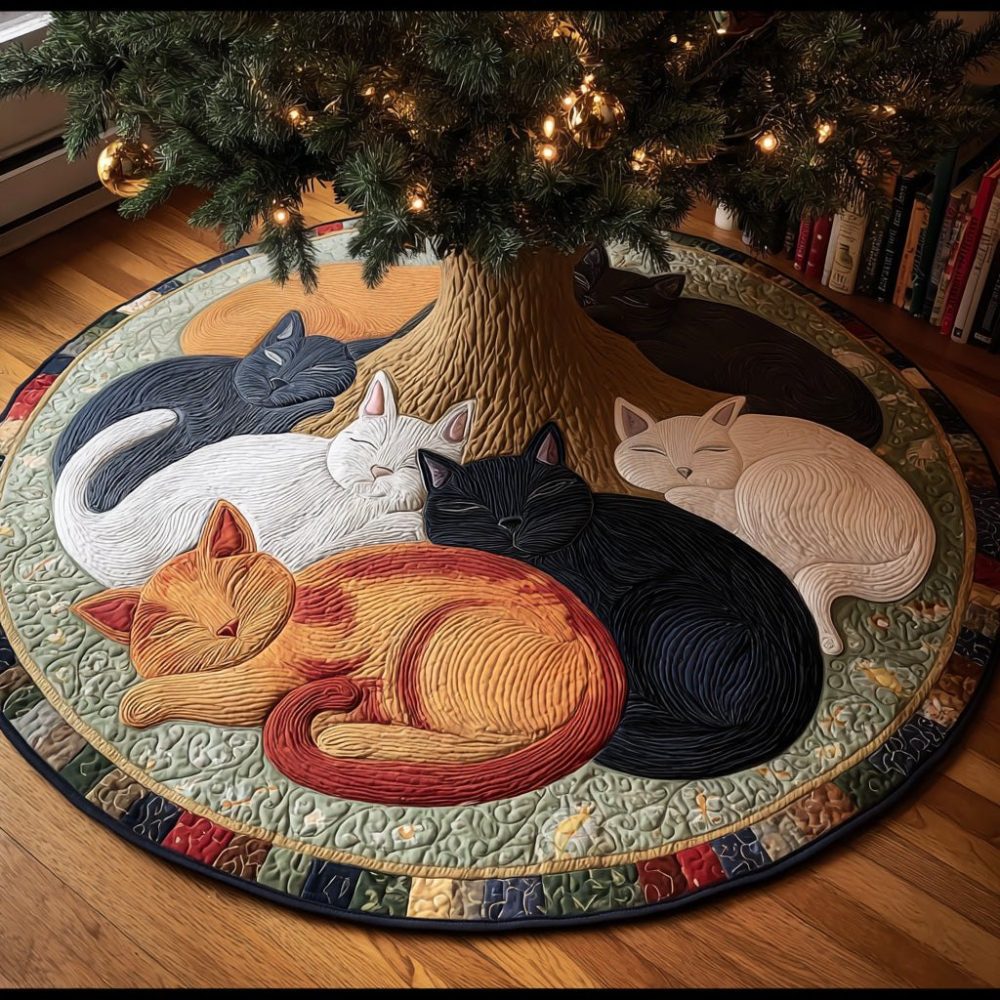 Handcrafted Silent Night Cats Holiday Tree Skirt - Custom Feline Christmas Tree Skirt, Playful Cat Silhouettes, Premium Fabrics, Made-To-Order
