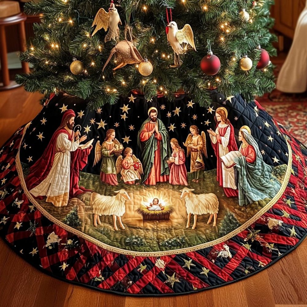 Handcrafted Silent Night Circle Holiday Tree Skirt - Custom Circular Motif Christmas Tree Skirt, Geometric Elegance, Premium Fabrics, Made-To-Order