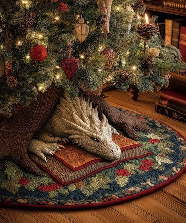 Handcrafted Silent Night Dragon Holiday Tree Skirt - Custom Fantasy Christmas Tree Skirt, Dragon Motif, Luxe Materials, Made-To-Order