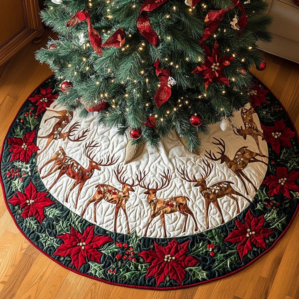 Handcrafted Silent Night Reindeer Holiday Tree Skirt - Custom Reindeer Scene Christmas Tree Skirt, Embroidered Detail, Luxe Fabrics, Made-To-Order