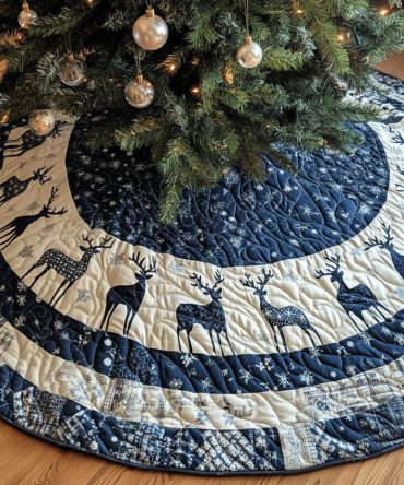 Handcrafted Silent Night Stag Holiday Tree Skirt - Custom Stag Silhouette Christmas Tree Skirt, Rustic Elegance, Premium Felt & Velvet, Made-To-Order