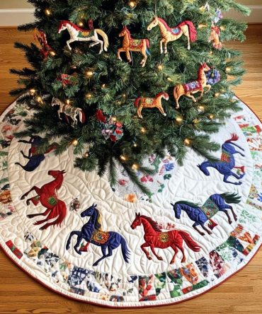 Handcrafted Silent Stallion Holiday Tree Skirt - Custom Equestrian Christmas Tree Skirt, Embroidered Horse Motif, Luxe Fabrics, Made-To-Order