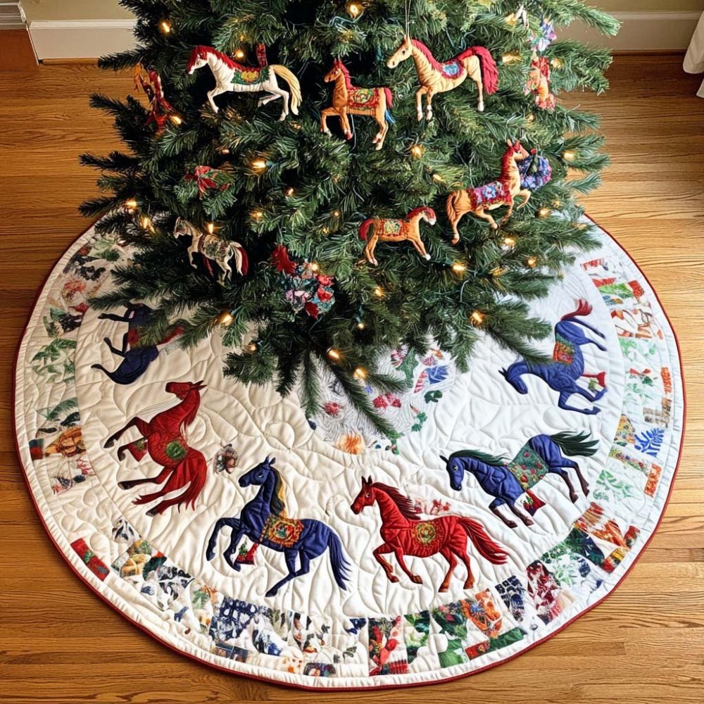 Handcrafted Silent Stallion Holiday Tree Skirt - Custom Equestrian Christmas Tree Skirt, Embroidered Horse Motif, Luxe Fabrics, Made-To-Order
