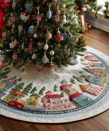 Handcrafted Silver Pine Village Holiday Tree Skirt - Custom Scenic Christmas Tree Skirt, Village & Pine Motif, Premium Fabric, Made-To-Order