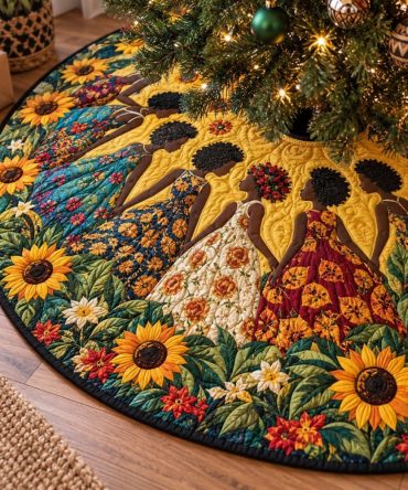 Sisters Of The Sun Made-To-Order Christmas Tree Skirt — Handcrafted Solar Motif Holiday Base, Custom Sizes & Colors Available