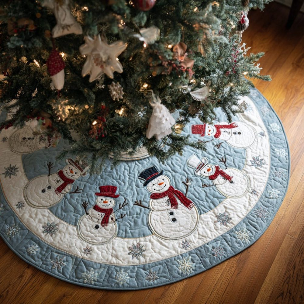 Handcrafted Sky Snowman Holiday Tree Skirt - Custom Embroidered Christmas Tree Skirt, Snowman Scene, Soft Felt & Velvet, Made-To-Order