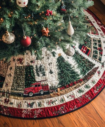 Sleigh Ride Snuggle Tree Skirt - Made-To-Order Cozy Christmas Tree Skirt With Sleigh Illustration, Warm Holiday Centerpiece