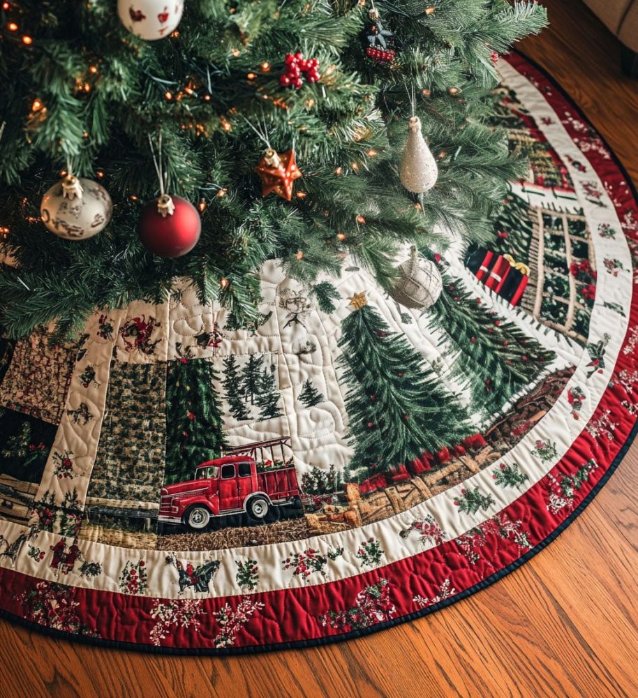 Sleigh Ride Snuggle Tree Skirt - Made-To-Order Cozy Christmas Tree Skirt With Sleigh Illustration, Warm Holiday Centerpiece