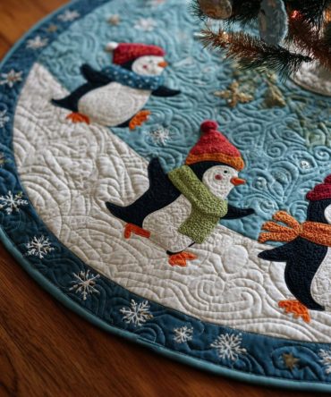 Slope Penguin Play Tree Skirt - Made-To-Order Penguin-Themed Christmas Tree Skirt, Soft Durable Holiday Décor For Family Rooms