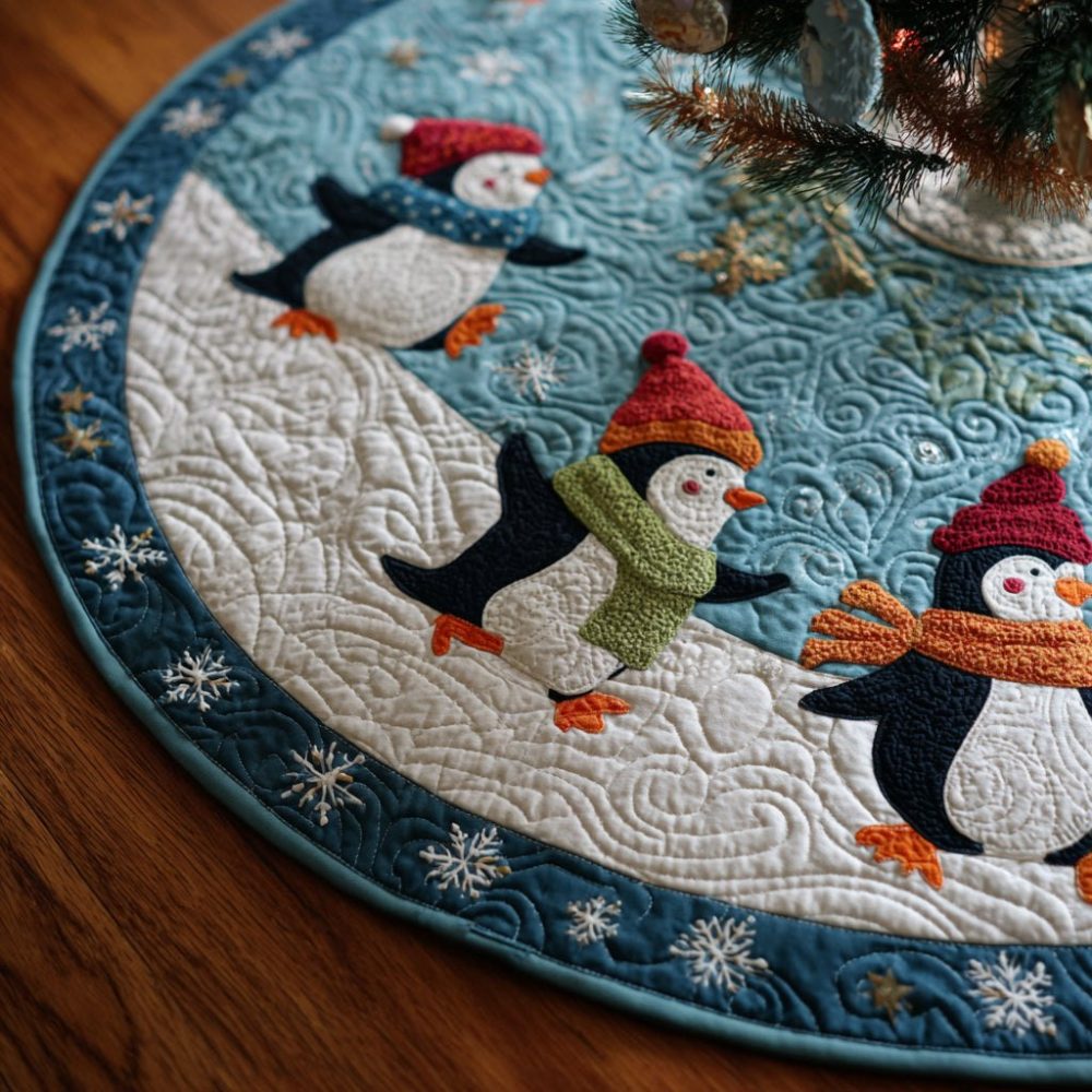 Slope Penguin Play Tree Skirt - Made-To-Order Penguin-Themed Christmas Tree Skirt, Soft Durable Holiday Décor For Family Rooms
