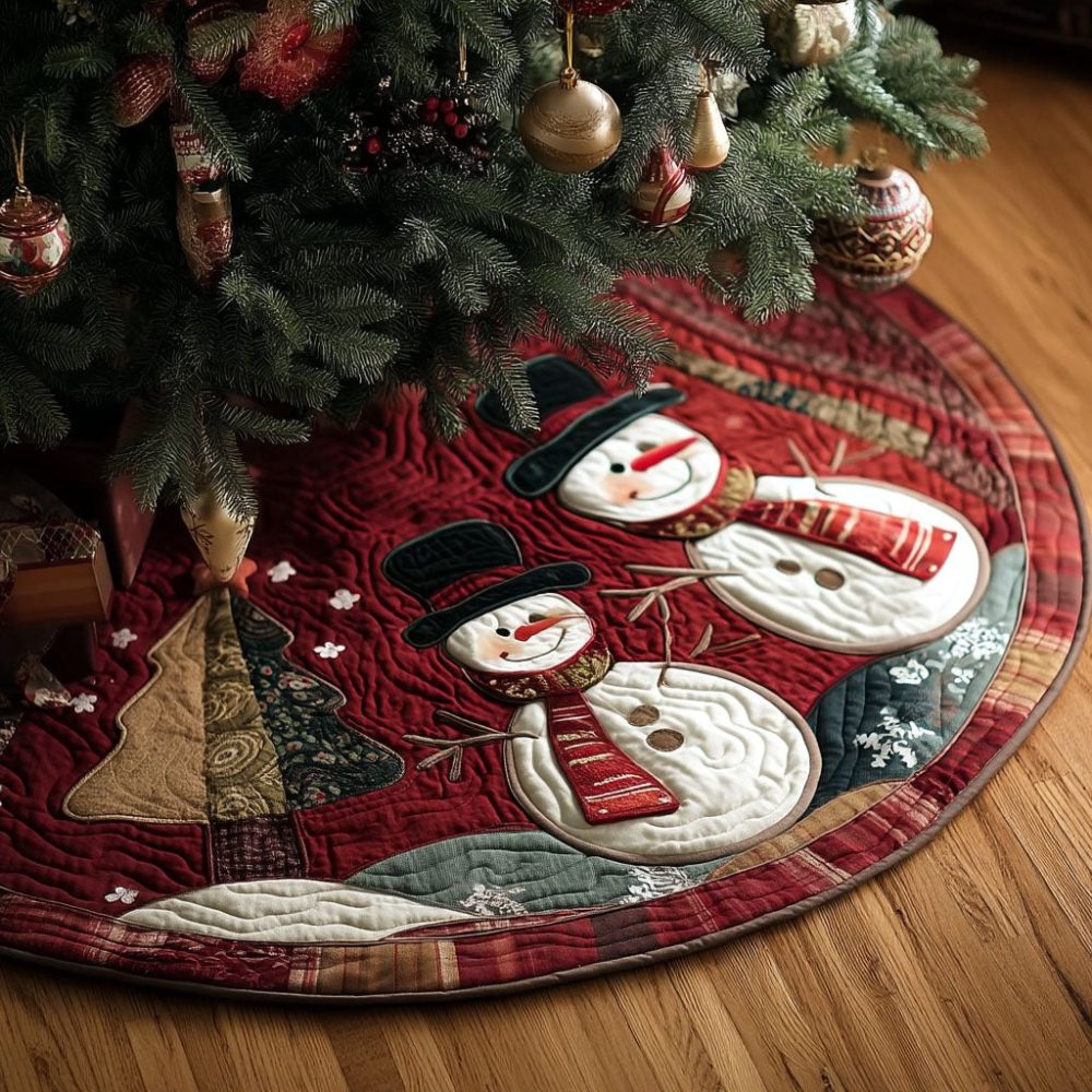 Smiling Snow Couple Holiday Tree Skirt - Handcrafted Made-To-Order Christmas Skirt With Charming Snow Couple Illustration
