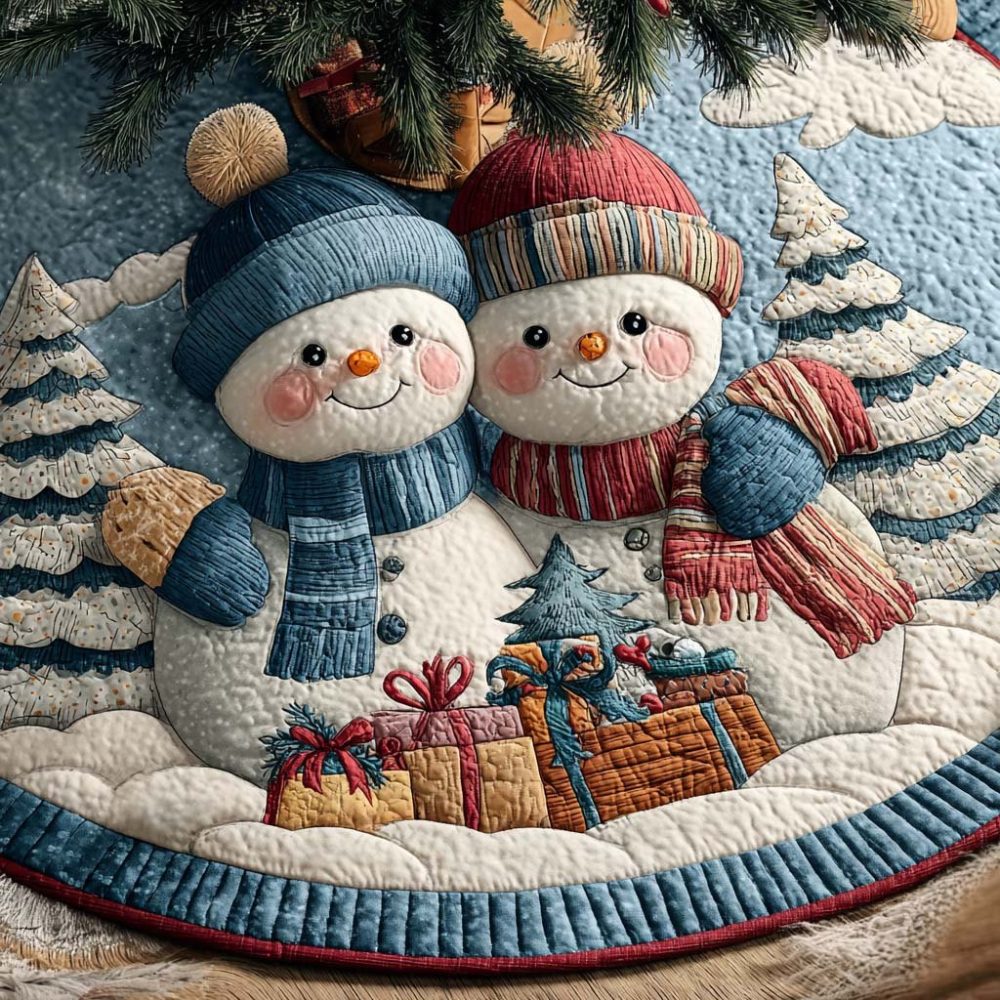 Snow Buddies Delight Holiday Tree Skirt — Cheerful Snow Buddy Design, Custom Sizing, Plush & Handcrafted For Seasonal Joy