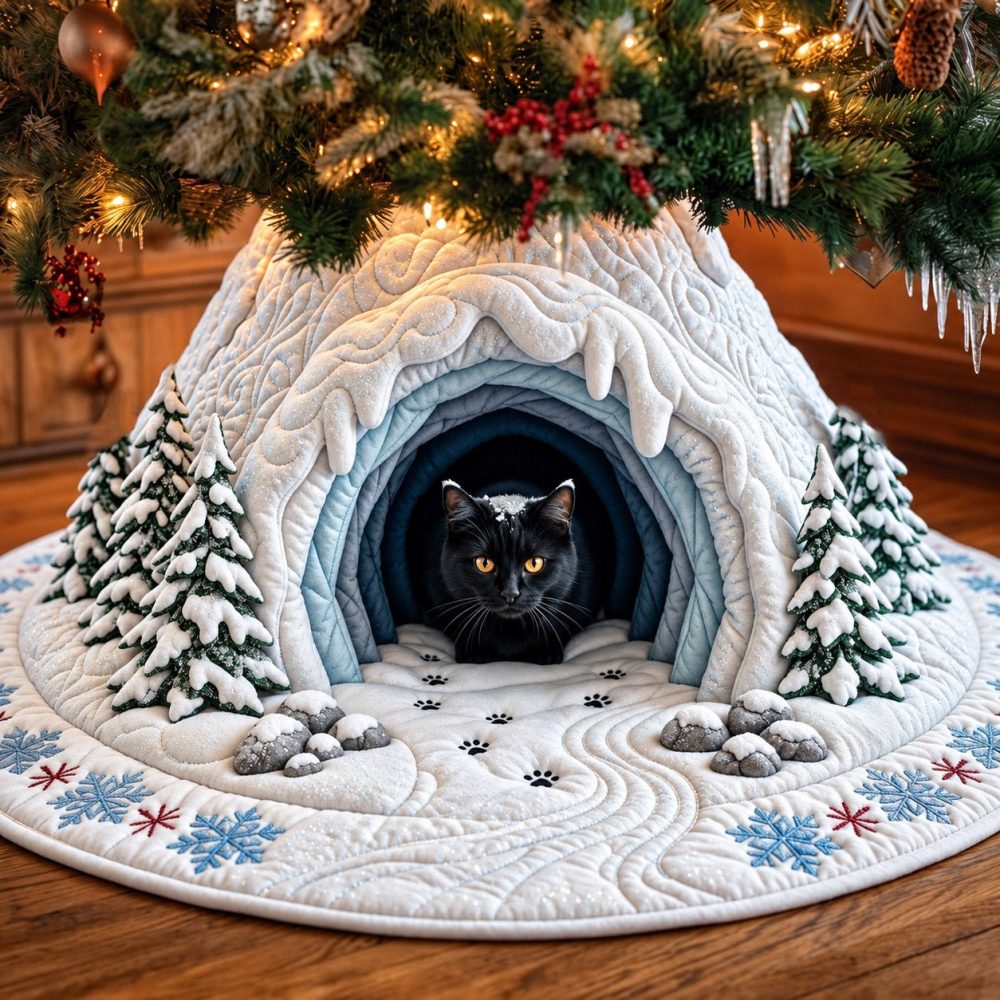 Snow Cave Cat Tree Skirt - Winter Wonderland Pet Cave Design, Durable Cotton Blend, Custom-Made For Cozy Holiday Homes