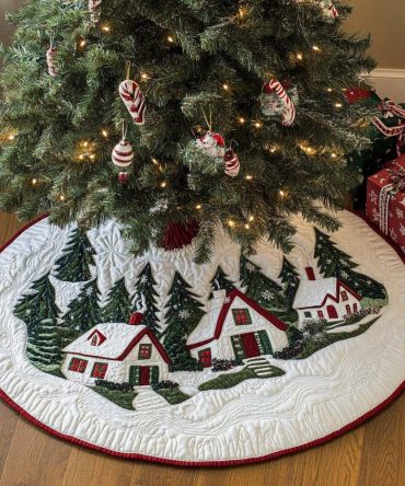 Snow Covered Scenic Tree Skirt - Handcrafted Made-To-Order Christmas Tree Skirt With Winter Landscape, Cozy Festive Accent