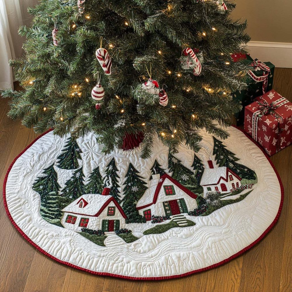 Snow Covered Scenic Tree Skirt - Handcrafted Made-To-Order Christmas Tree Skirt With Winter Landscape, Cozy Festive Accent