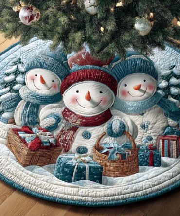 Snow Family Celebration Holiday Tree Skirt — Custom Seasonal Skirt With Festive Snow Family Illustration, Plush & Handcrafted