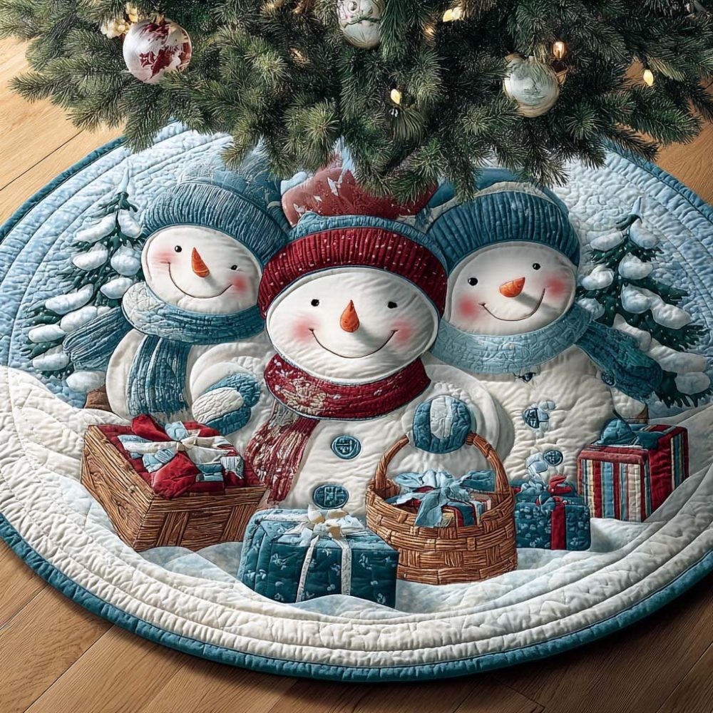 Snow Family Celebration Holiday Tree Skirt — Custom Seasonal Skirt With Festive Snow Family Illustration, Plush & Handcrafted