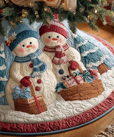 Handcrafted Winterland Snow Family Christmas Tree Skirt — Custom Holiday Tree Skirt, Plush, Reversible, Made-To-Order
