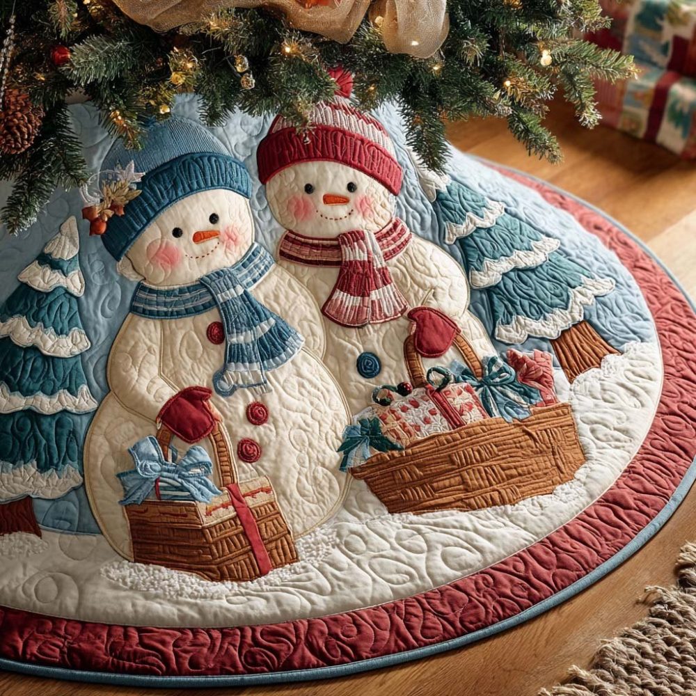 Handcrafted Winterland Snow Family Christmas Tree Skirt — Custom Holiday Tree Skirt, Plush, Reversible, Made-To-Order