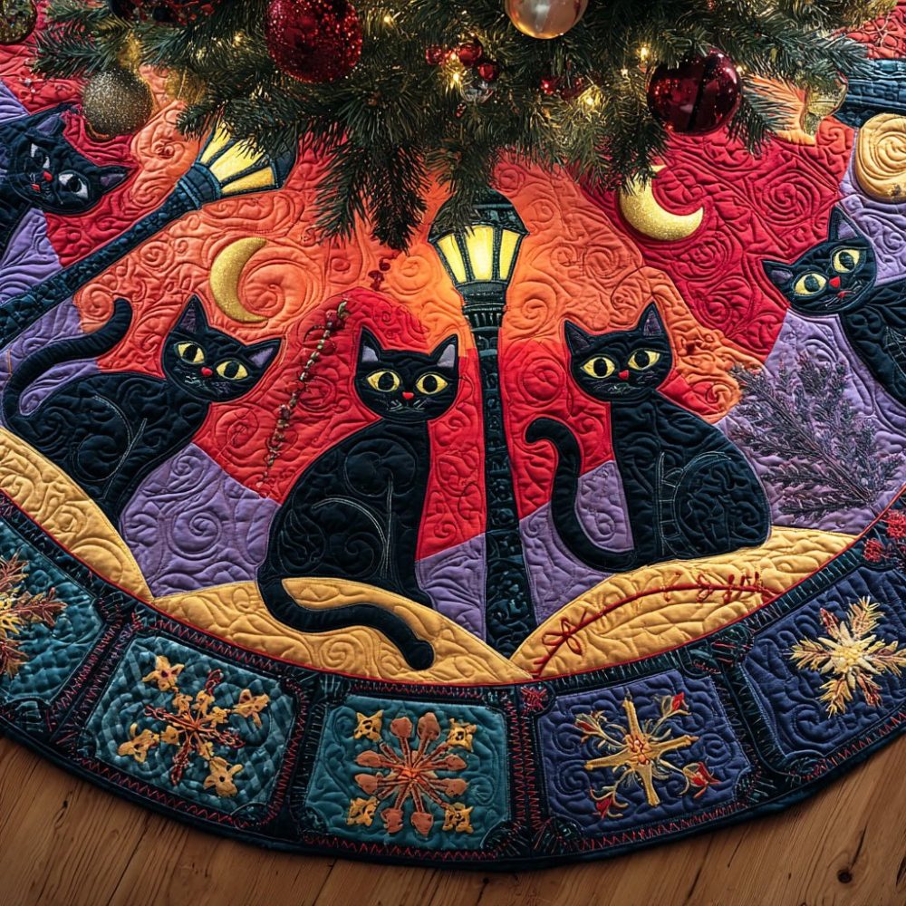 Snowbell Black Cat Holiday Tree Skirt - Made-To-Order Chic Christmas Tree Skirt With Black Cat Motif, Stylish Seasonal Decor