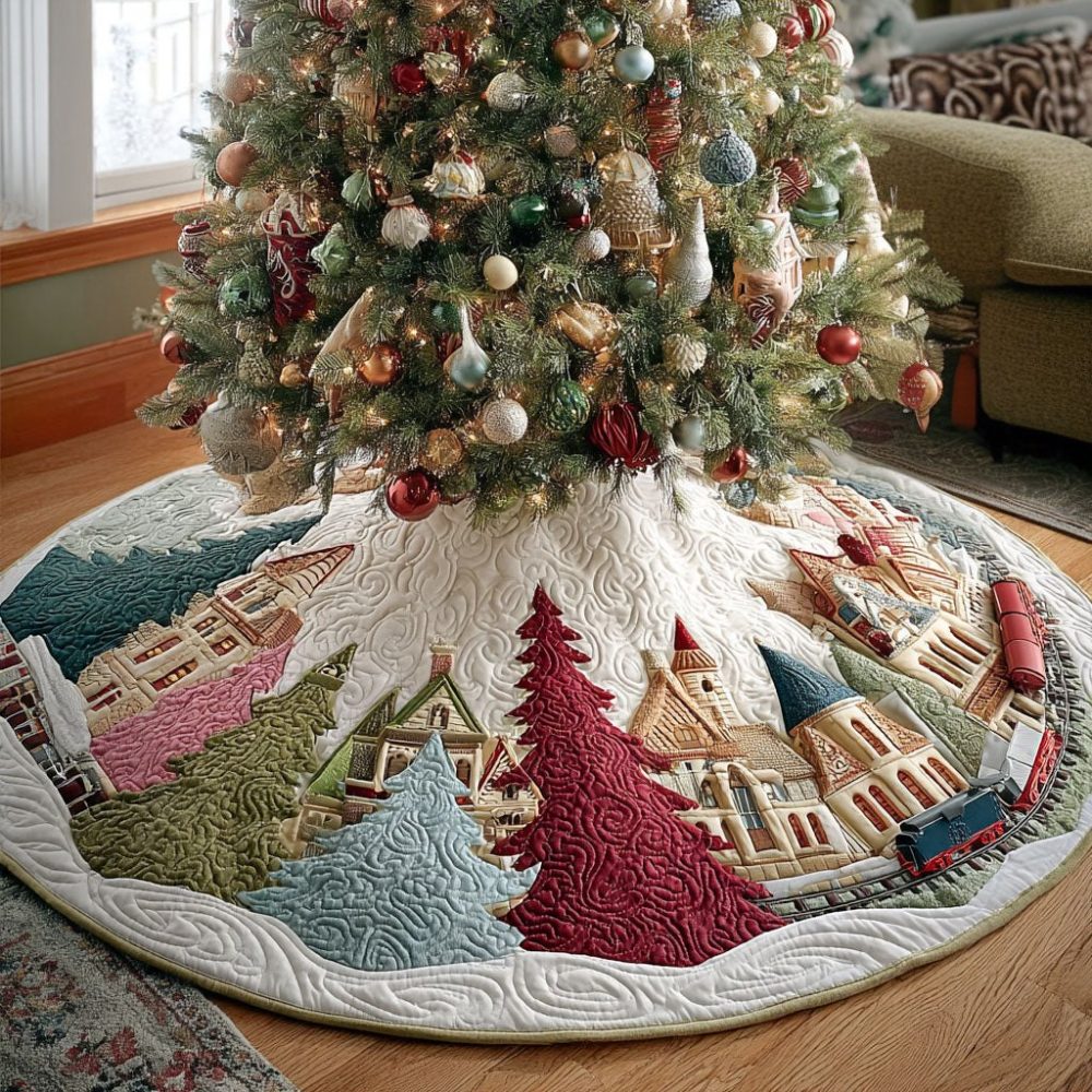 Snowberry Village Holiday Tree Skirt - Handcrafted Made-To-Order Christmas Skirt With Festive Village Scene, Classic Seasonal Decor