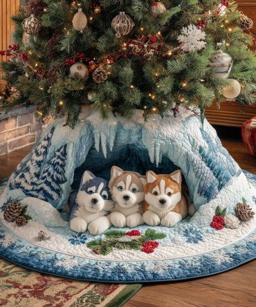 Snowbound Husky Crew Custom Tree Skirt - Made-To-Order Holiday Skirt With Husky Design, Durable & Cozy Christmas Decor