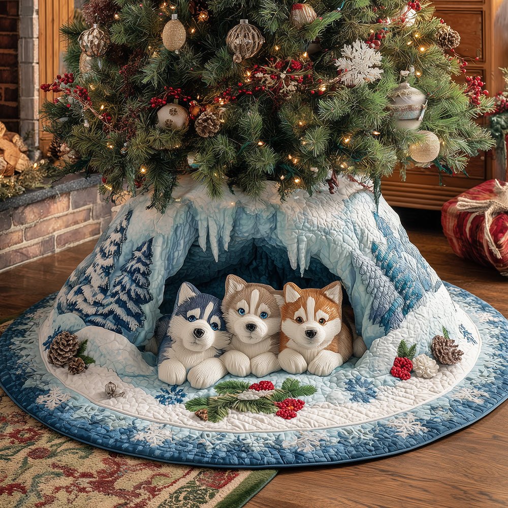 Snowbound Husky Crew Custom Tree Skirt - Made-To-Order Holiday Skirt With Husky Design, Durable & Cozy Christmas Decor