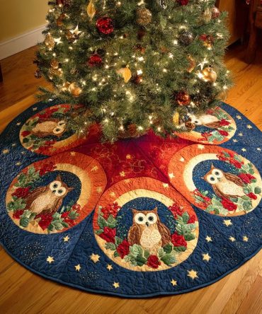 Snowbound Watcher Festive Tree Skirt - Premium Made-To-Order Christmas Tree Skirt, Cozy Winter Animal Holiday Accent