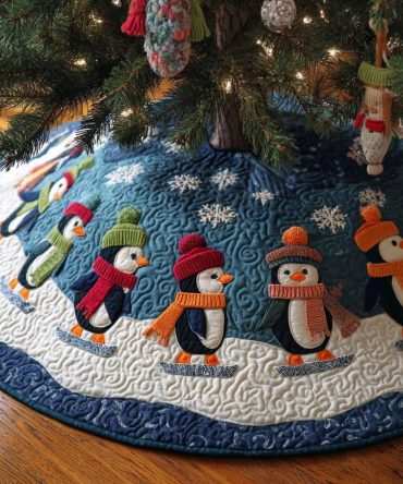 Snowdrift Penguin Holiday Tree Skirt - Handcrafted Made-To-Order Plush Christmas Tree Skirt For Living Room & Festive Décor
