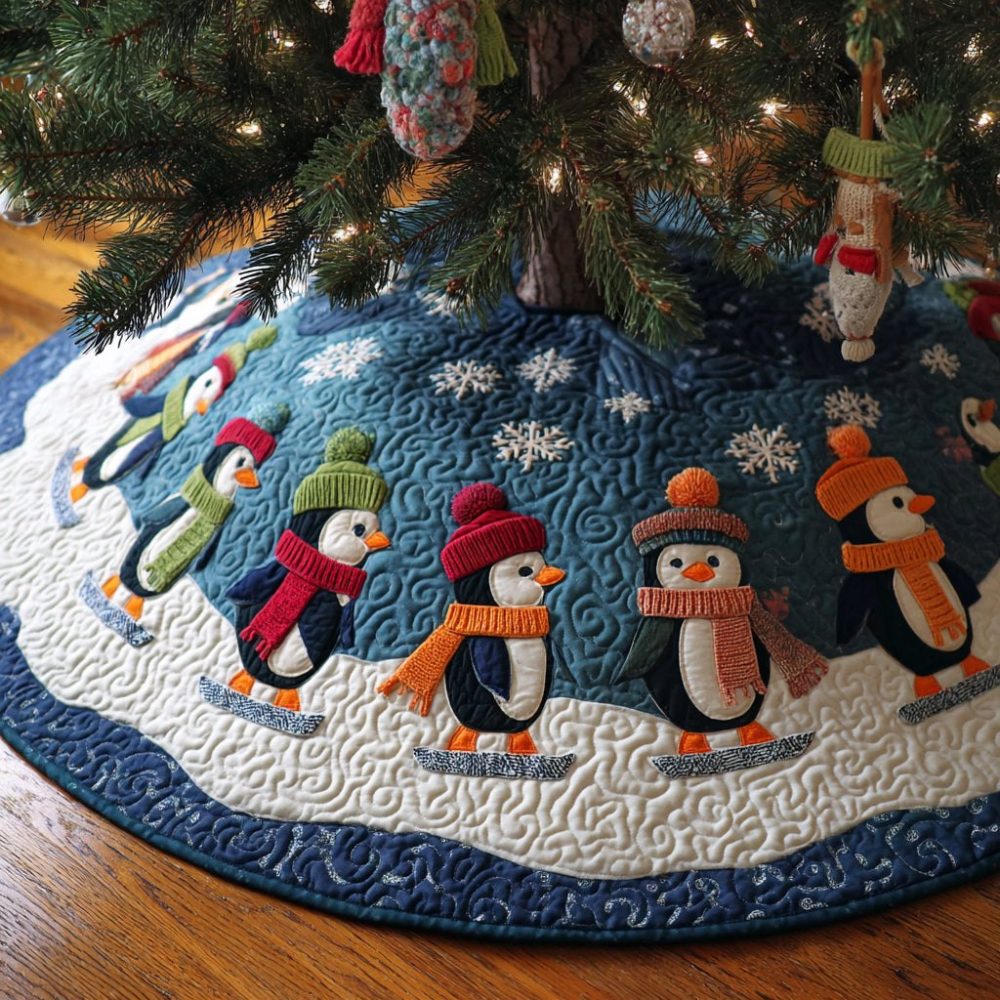 Snowdrift Penguin Holiday Tree Skirt - Handcrafted Made-To-Order Plush Christmas Tree Skirt For Living Room & Festive Décor