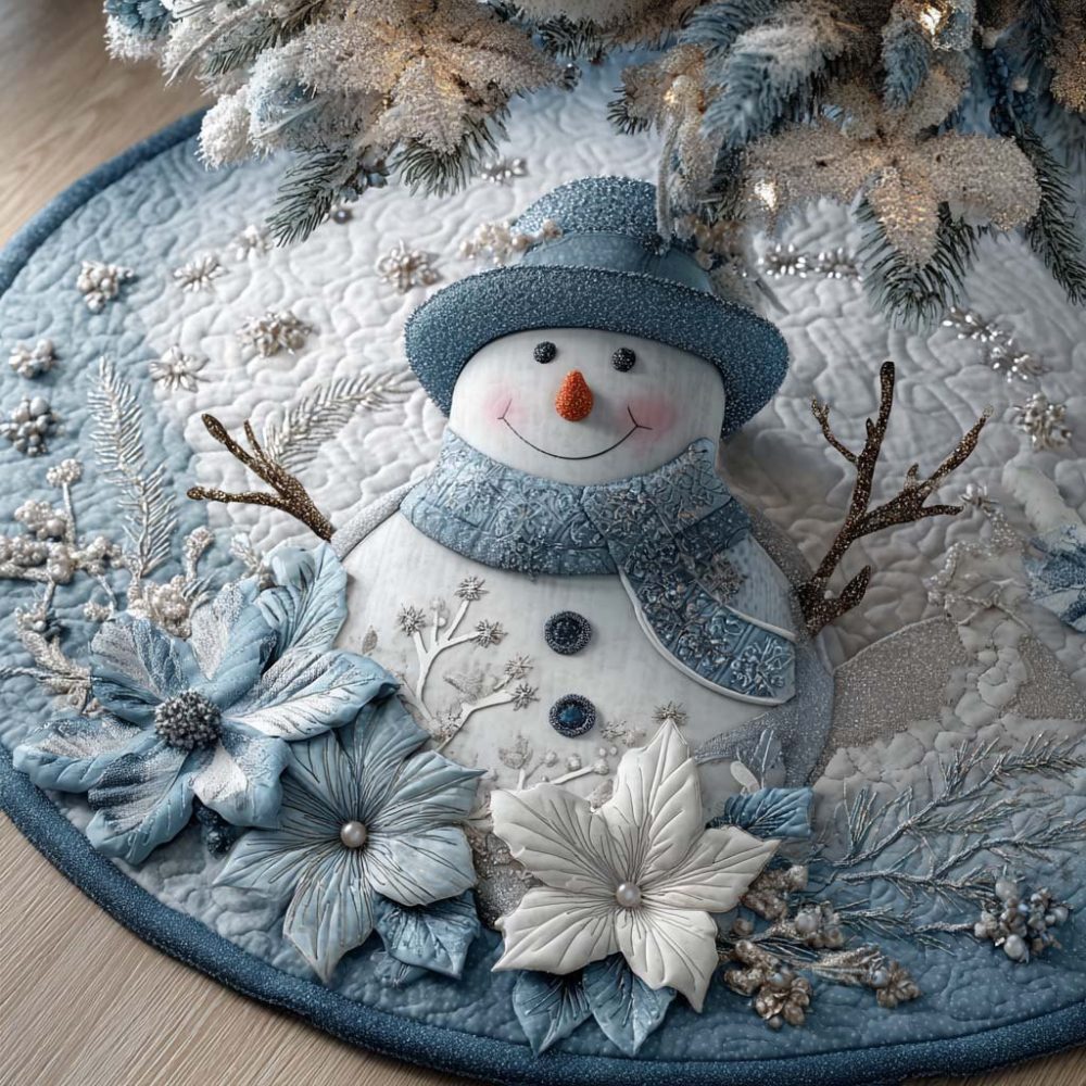 Snowflake Blue Snowman Tree Skirt — Cheerful Blue Winter Scene, Plush Quilting & Custom Fit For Bright Holiday Displays