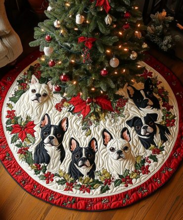 Snowflake Boston Terrier Delight Tree Skirt — Custom Pet Portrait-Inspired Holiday Skirt With Snowflake Accents & Plush Finish