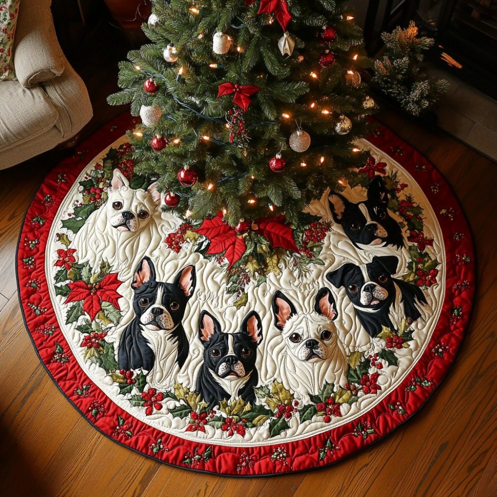 Snowflake Boston Terrier Delight Tree Skirt — Custom Pet Portrait-Inspired Holiday Skirt With Snowflake Accents & Plush Finish