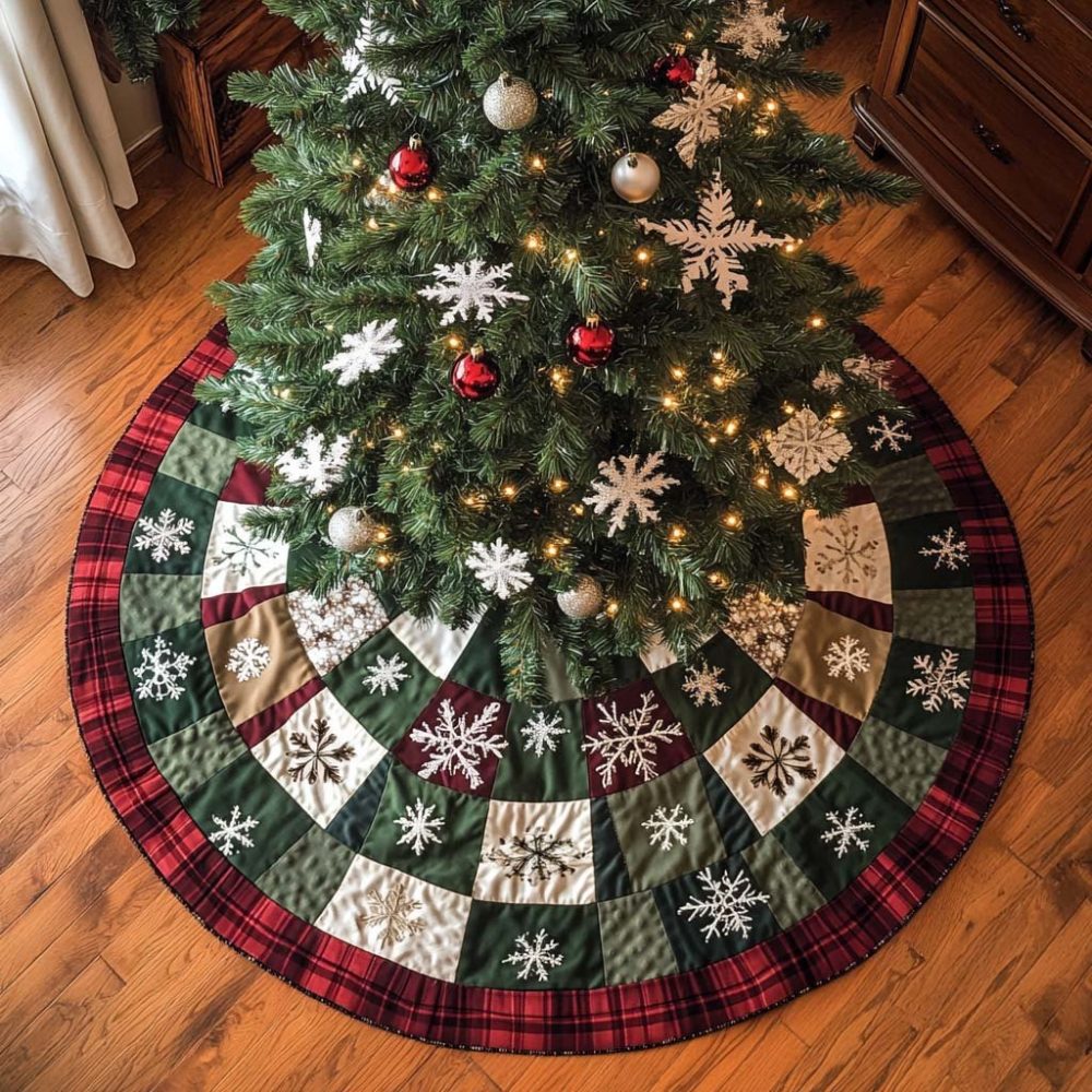 Snowflake Charm Handmade Tree Skirt — Delicate Snowflake Embroidery, Soft Fabric, And Custom Sizes For Timeless Holiday Style