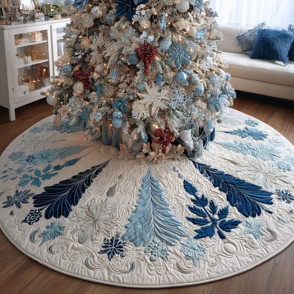 Snowflake Garden Holiday Tree Skirt — Intricate Winter Florals, Quilted Texture & Custom Fit For Classic Seasonal Décor