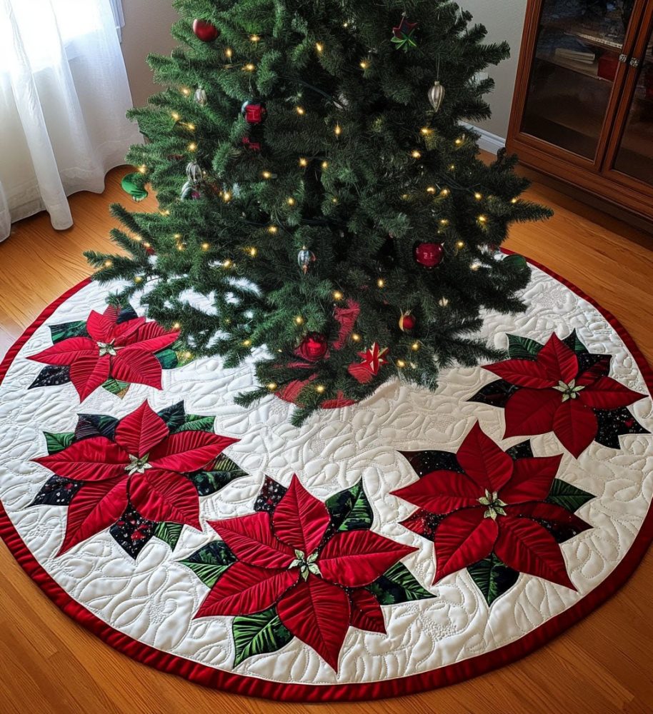 Elegant Red Poinsettia On Ivory Tree Skirt — Custom Quilted Holiday Accent, Luxurious Fabric & Tailored Fit Options