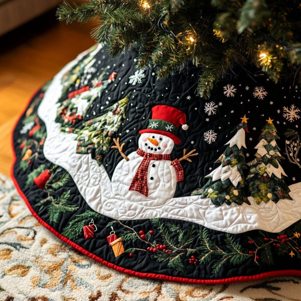 Black Night Forest Snowman Tree Skirt — Striking Winter Scene, Custom-Made Quilted Holiday Accent For Elegant Trees