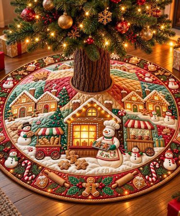 Made-To-Order Snowman Bakery Village Tree Skirt - Cozy Bakery Scenes With Snowmen, Custom Holiday Tree Base For Kitchen & Family Areas